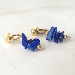 Vintage Blue Beaded Gold Tone Dangle Clip-on Costume Jewelry Earrings